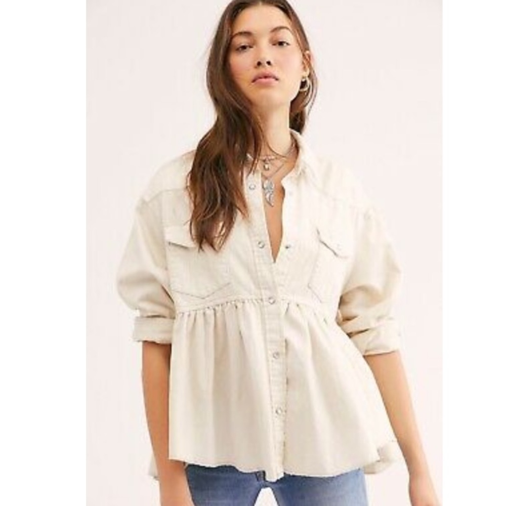 FP Dylan Babydoll White Denim Chambray Peplum